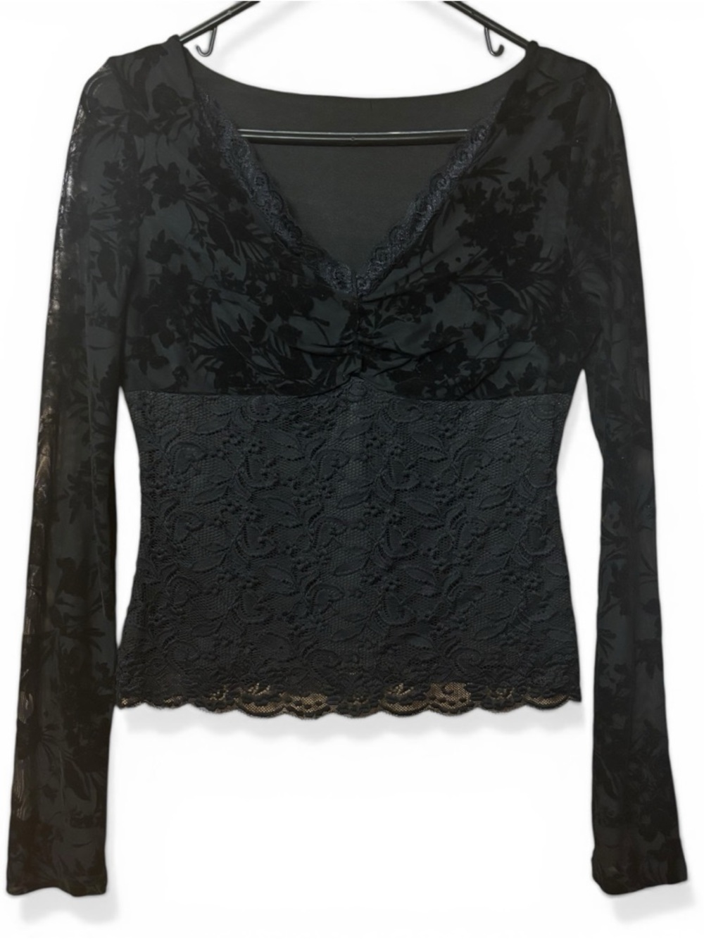 Black Lace Velvet Mesh Floral Long Sleeve Cottagecore Goth Shirt